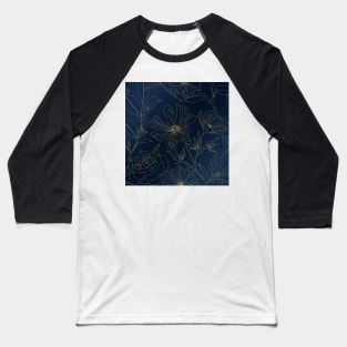 Elegant Blue Gold Flowers Line Art Baseball T-Shirt